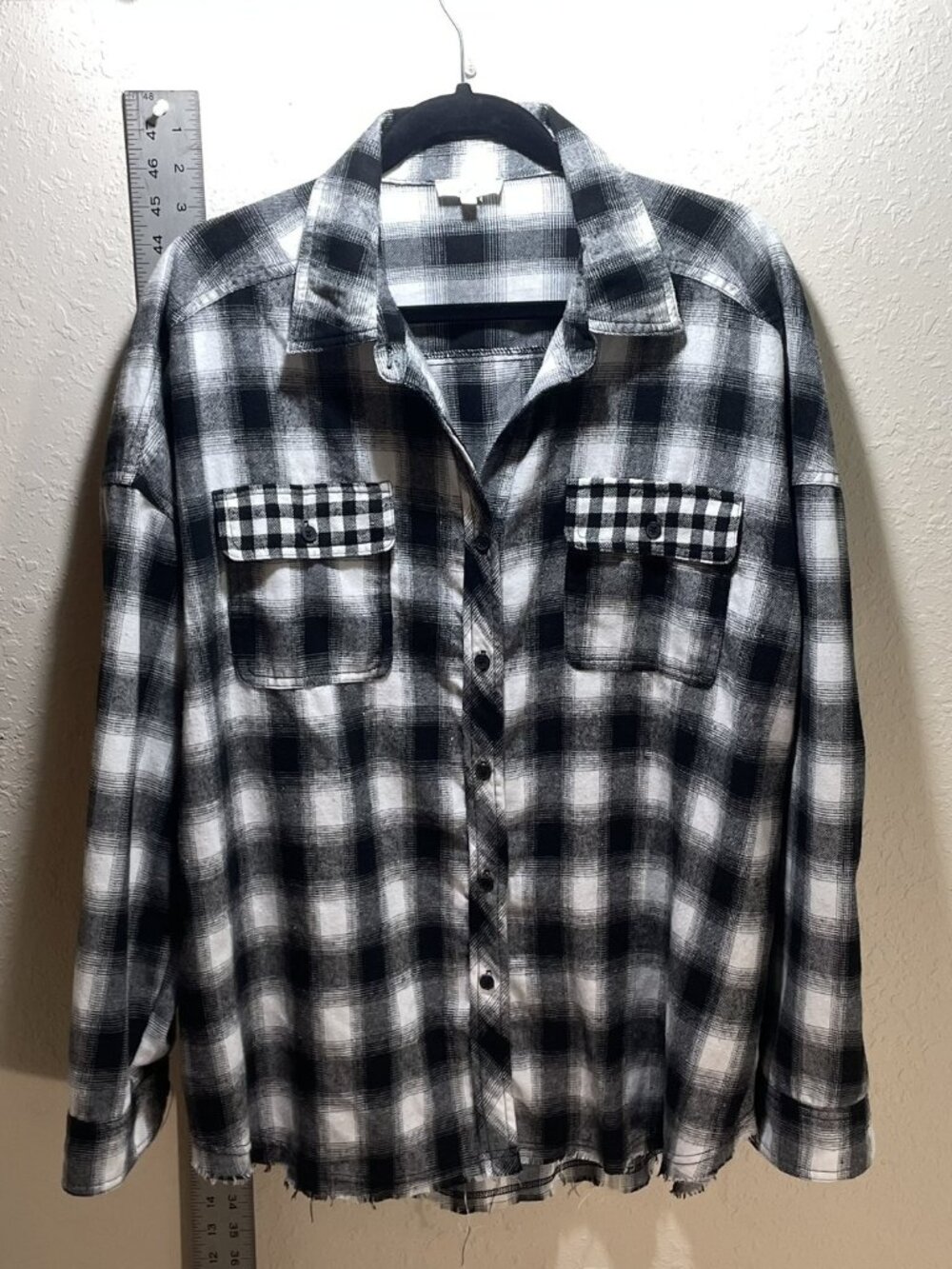 La Miel Button Up Lightweight Flannel Shirt Black White Raw Oversized - Medium